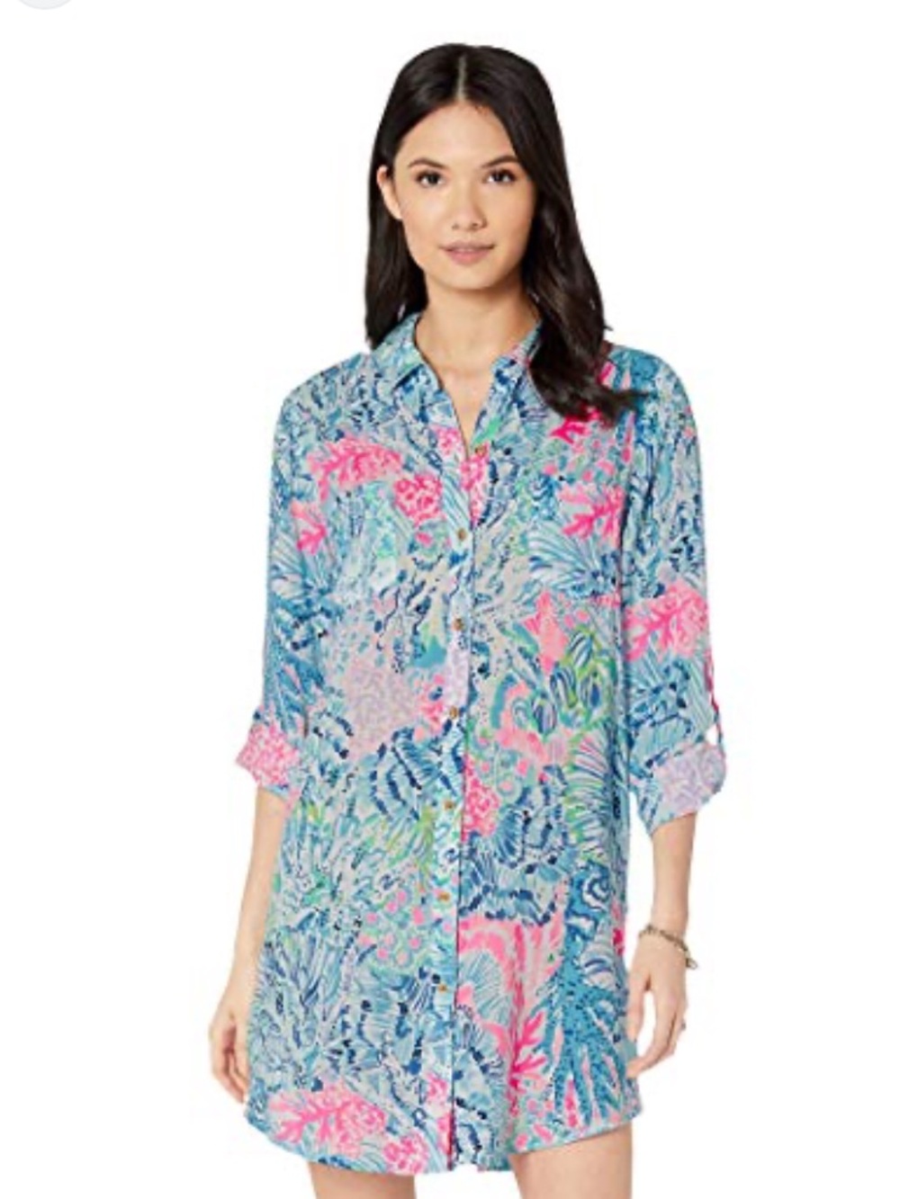 Lilly Pulitzer Natalie Pink Blue Tropical Beach Bathing swim Cover Up Dress L
